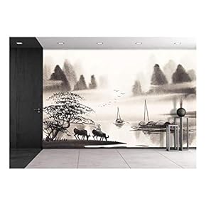 Chinese Landscape Watercolor Painting - Removable Wall Mural | Self-Adhesive Large Wallpaper - 66x96 inches