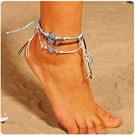 Esberry Beach Anklets Sea Turtle Anklet Wax Rope Charm Boho Infinite Foot Chains Handmade Jewelry for Women and Girls(3pcs)