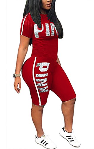Molisry Women Letter Print Short Sleeve Crop Tops Sweatshirt Short Pants Jumpsuits 2 Piece Outfits - Thumbnail 3