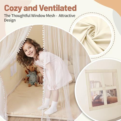 Monobeach Kids Tent Beige Play Tent with Long Mesh Curtain Large Playhouse for Indoor Outdoor Play Cottage Castle Toy for Girls Boys House Gift (Beige Kids Play Tent)