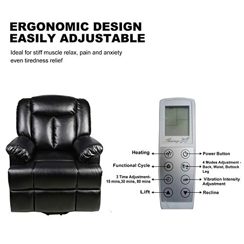 Power Lift Recliner Sofa Chair with Massage and Heating, Luxurious Breathable Leather Air Lounge Living Room Chair, Black - Thumbnail 3