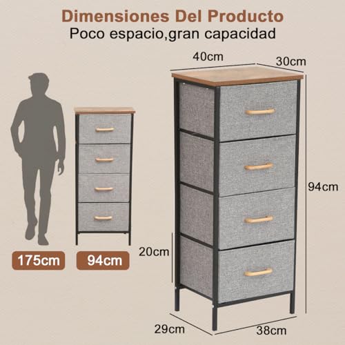 Fabric Storage Drawer, 4 Tiers Storage Bins Dresser Tower Drawer Unit | Steel Frame Storage Cabinet Wooden Top Closet Organizer for Clothes Snacks Toys Book Bedroom Entryway Office 38x29x94cm