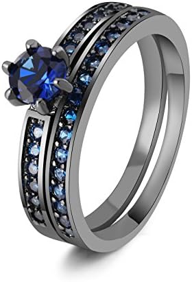 Black Blue Band Ring Set 925 Sterling Silver Promise Statement Bridal Wedding Gift for Women Teen Girls