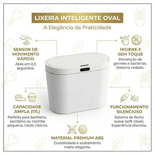 Lixeira Automática com Sensor Inteligente 17L – Abertura e Fechamento Automático - Sem Toque, Moderna e Higiênica para Cozinha, Banheiro e Escritório