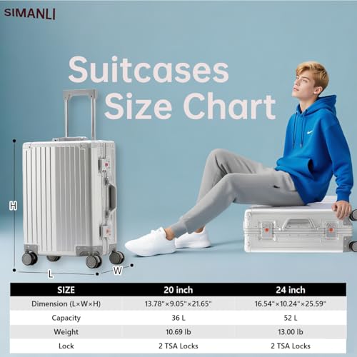Simanli All Aluminum 20 inch Suitcases Carry On Luggage Hard Shell Suitcase Boardable Cabin Trolley Case Luggage with TSA Locks Silent Spinner Wheels, Silver, 24 inch