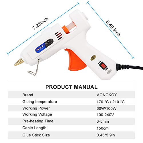 AONOKOY 60/100W Hot Glue Gun, Full Size (Not Mini) Dual Power Heavy Duty High Temp Melt Glue Gun Kit with 20 Pcs Glue Sticks(0.43'' x 5.9") for Arts & Crafts, Quick Repairs, Festival Decoration