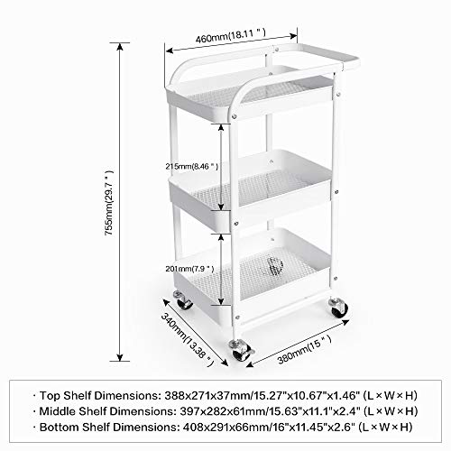 YOHOM 3 Tier Metal Rolling Cart Storage Shelves Mesh Utility Trolley Cart with Wheels Handle Craft Art Carts Organizer for Bathroom Kitchen Office Laundry Classroom White