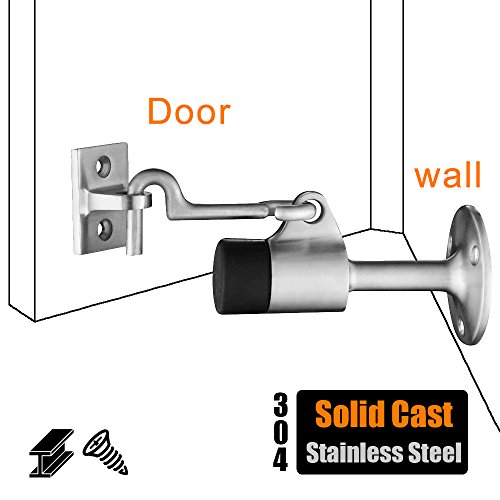 JQK Door Stop, SUS 304 Stainless Steel Sound Dampening Door Stopper Bumper with Hook Wall Protetor, Brushed, DSB2-BN - Thumbnail 6