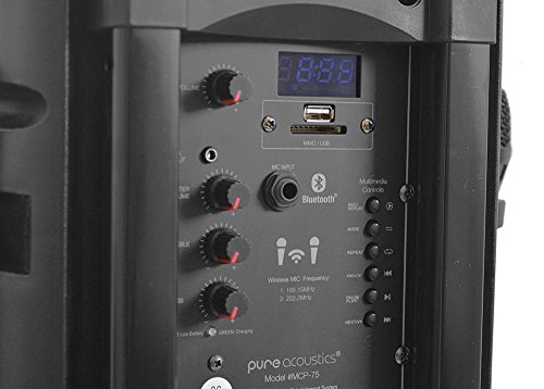 Pure Acoustics Wireless Portable Bluetooth PA Audio Speaker with 2 Wireless Microphones FM Radio Party Karaoke Machine Sound System MCP-75 Suono Soundstream Red