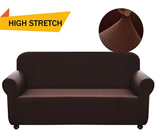 Chelzen Stretch Sofa Covers 1-Piece Polyester Spandex Fabric Living Room Couch Slipcovers (Loveseat, Dark Brown) (Best Quality Leather Sofa)