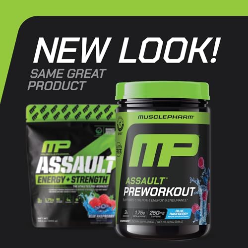 Muscle Pharm Assault Energy & Strength Pre Workout Powder for Men & Women with Beta Alanine, Caffeine, Creatine & Betaine Anhydrous, Pre-Workout Supplements, 30 Servings, Blue Raspberry Flavor