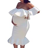 Off The Shoulder Maternity Dress Summer, Elegant Baby Shower Dress Bodycon Mermaid Midi with Ruffle Short Sleeves for Women