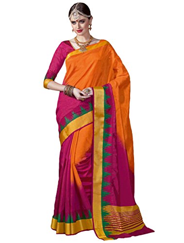 Modish magenta and orange tussar silk traditional saree