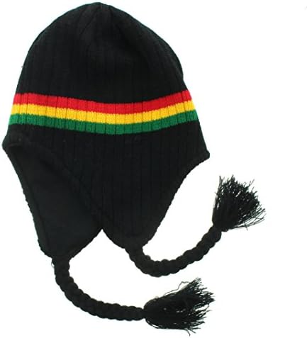 JFH Black Rasta Stripe Peruvian Ear Flap Beanie with Braided