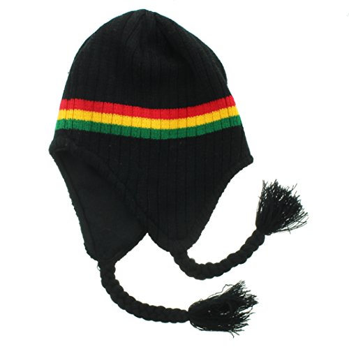 Black Rastafarian Rasta Peruvian Beanie Black Red Yellow Green Strings Beanie