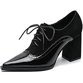 DAISIQ Women's Chunky Heel Pumps Pumps Pointed Toe Brogue Lace Up High Heels Spring New Shoes British Style Comfortable Dress Shoes for Work,Party & Dating (Black,Burgundy) 8cm
