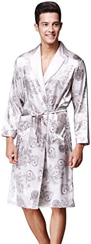 SanJL Men's Short Kimono Robes Silk Satin Nightwear Bathrobes Long Sleeve (Tag Size XL=US Size M, Grey 032)