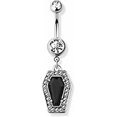 Pierced Owl 14GA 316L Stainless Steel CZ Crystal Black Coffin Dangling Belly Button Ring