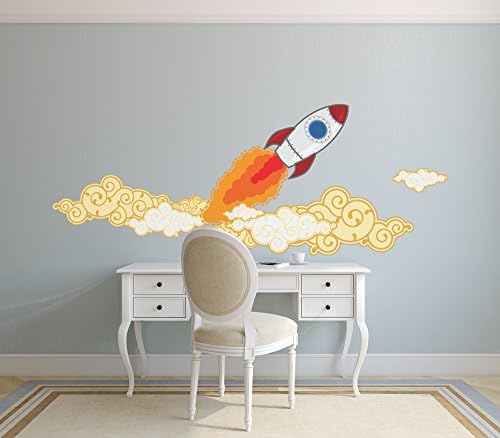 Rocket Ship with Clouds Wall Decals / Space Ship Bursting Through Clouds Bedroom Decals / Kids Rocketship Bedroom Decoration - DASHWD10001-18