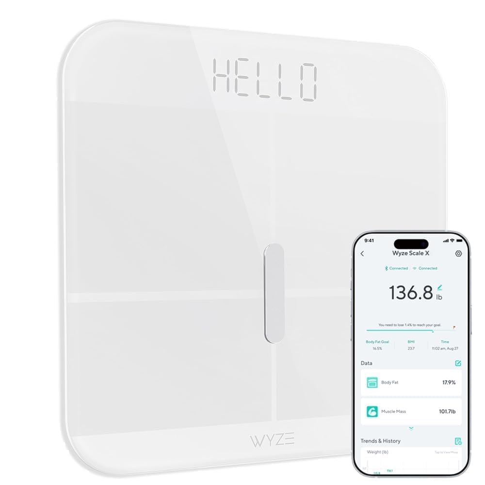 Photo 1 of Wyze Smart Scale X - Digital Bathroom Scale for Body Weight, BMI, Body Fat, Muscle Mass, Heart Rate Monitor | ITO Glass & LED Backlight | Batteries Included, 400 lbs (White)