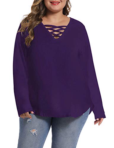 caidyny Womens Plus-Size V-Neck Tops, Causal Long Sleeve Soild Color Tunic Shirts(Purple, 2XL)