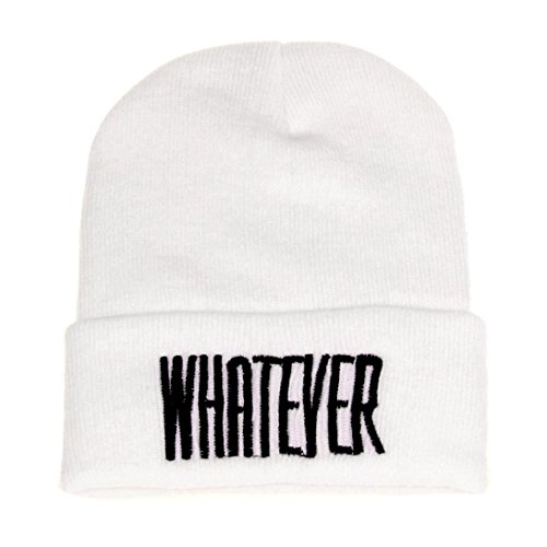 SUKEQ Unisex Cuffed Skull Hat, Winter Whatever Words Printed Beanie Hat Snow Ski Cap, Hip Hop Cap (White)