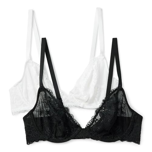 Amazon Essentials Women's Non-Padded Underwire Plunge Bra, Stretch Lace, Pack o…