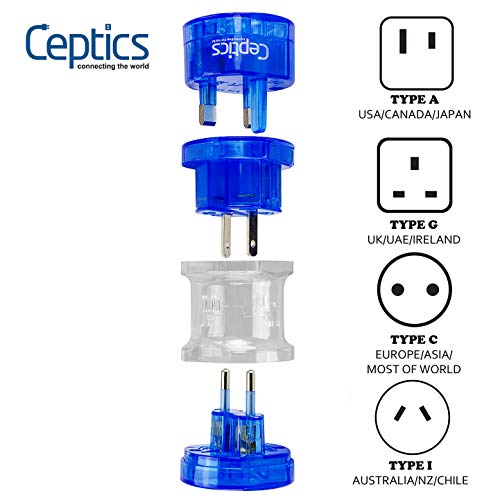 Ceptics Travel Adapter Plug Compact Worldwide International Kit - Works in Europe, Asia, China, England, Italy, New Zealand, Australia and More