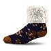Pudus Gingerbread Navy Cozy Winter Slipper Socks for Women and Men with Non-Slip Grippers and Faux Fur Sherpa Fleece - Adult Regular Fuzzy Socks