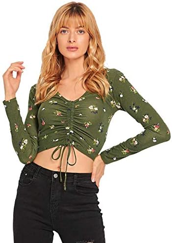 IMAGICSUN Drawstring V Neck Ruched Crop Top - Floral Print Top Blouse for Women