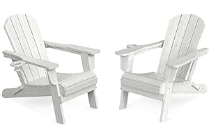 LOUNZY Folding Adirondack Chair Set of 2, HDPE All-Weather Folding Adirondack Chair with Cup Holders, Outdoor Patio Adirondack Chair for Deck Lawn Fire Pit, White