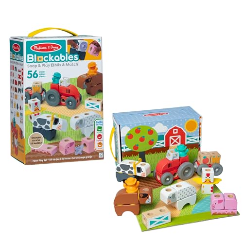 Melissa & Doug - Blockables Bauernhof Bauset - 56 teiliges Set mit Holzbausteinen, Steckverbindungen, Filzaccessoires und mehr fuer kreatives Bauen und Spielen, fuer Kinder ab 2 Jahren