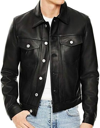 Men's Slim Fit Black Trucker Genuine Sheep Leather Jacket