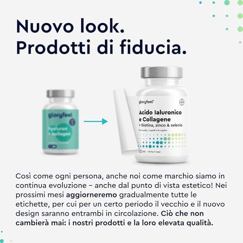 Collagene e Acido Ialuronico Integratore 180 Capsule, + Vitamina C, Biotina, Zinco e Selenio, 1000mg Collagene Idrolizzato + 200mg Acido Ialuronico con Bambù & Silicio