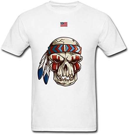 Native American Big Chief Skull With US Flag Feather Graphic Men's Unisex T-shirt 064 (White, X-Large)