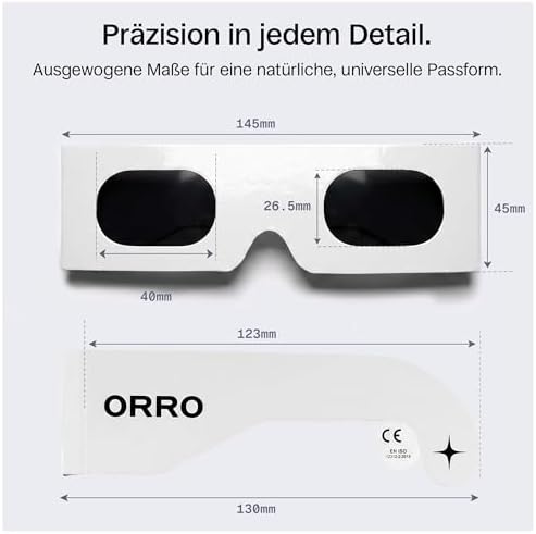 Sonnenfinsternis-Brillen 45 mm, 2er-/6er-/12er-Pack, Weiß, Passt über Korrekturbrillen, Zertifizierter Augenschutz, EN ISO 12312-2:2015 geprüft, CE-gekennzeichnet – Randpassform