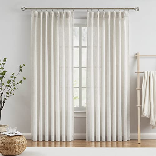 Vision Home Natural Pinch Pleated Semi Sheer Curtains Textured Linen Blended Light Filtering Window Curtains 84 inch for Living Room Bedroom Pinch Pleat Drapes with Hooks 2 Panels 42 Wx84 L
