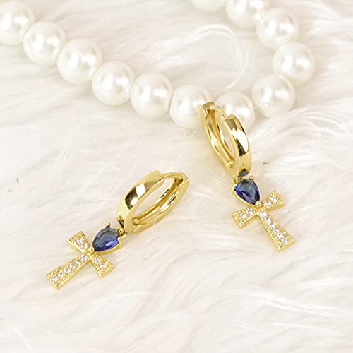 UHIBROS Gold Cross Hoop Earrings, 18K Gold Plated Pave CZ Gold Cross Small Hoop Earrings Dangle Sapphire Jewelry for Girls Women