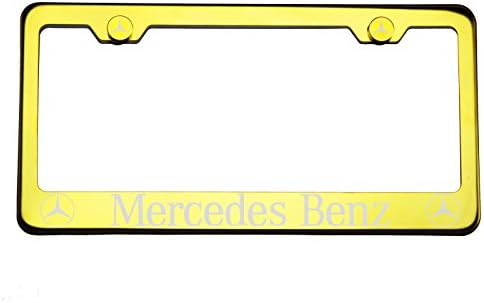 One Gold Chrome Stainless Steel License Plate Frame Holder Front Or Rear Bracket Laser Engrave Fit Mercedes Benz with Logo Aluminum Screw Cap
