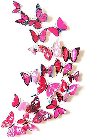 Zonaarde 12 Pcs Butterfly Wall Sticker Decals Room Home Decor Art Decoration (Magnetic and Double Sided Tape one) Removable (Red-Pink)