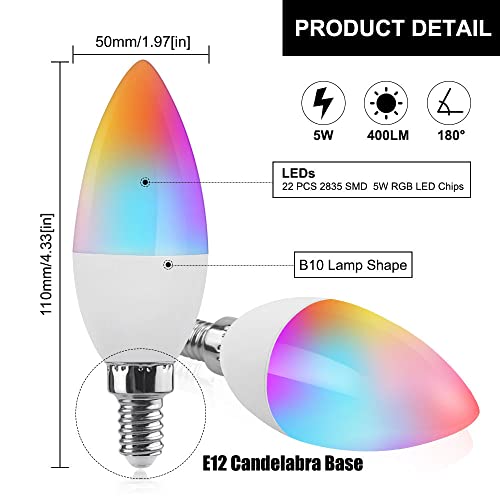 Bonlux E12 RGB LED Color Changing Light, 5W B10 Dimmable Candelabra