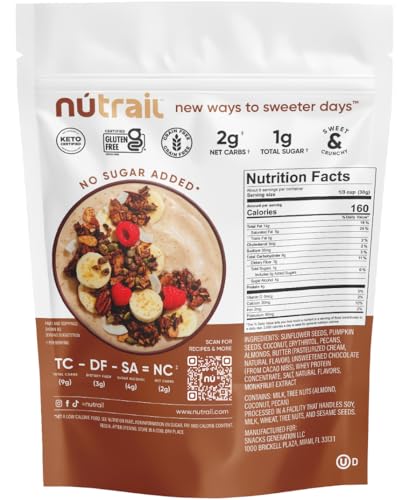 NUTRAIL NUT GRANOLA CEREAL, DARK CHOCOLATE, NO SUGAR ADDED, KETO, LOW CARB, GLUTEN FREE, GRAIN FREE, HEALTHY BREAKFAST 8 OZ. 1 COUNT