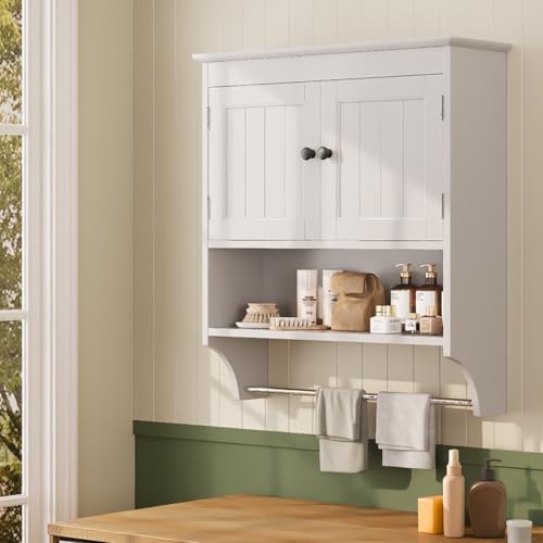 FL FASHION LEADER Armario de baño montado en la Pared con Puertas, Armario Colgante de Madera con Puertas y estantes sobre el Inodoro, gabinete de Pared de baño Blanco