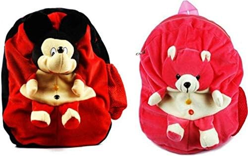 Cute Mickey & Teddy Soft Toy Bag Combo - 14 inch (Red, Pink)
