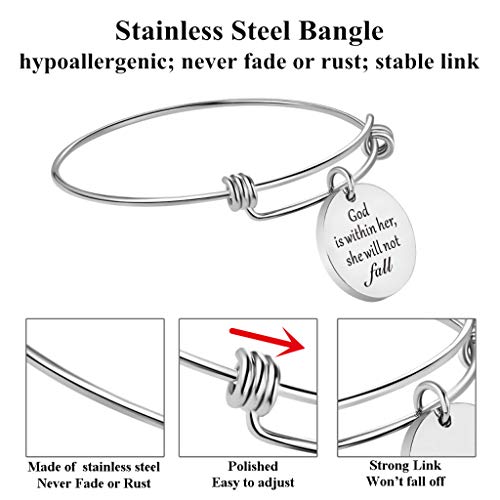 SOUSYOKYO "God is Within her. she Will not Fall" Handmade Beautiful Christian Bangle Charm Bracelet
