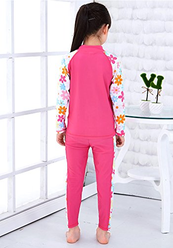 Monvecle Little to Big Girls' Long Sleeve 2-Pieces Sun Protective Rashgurad Set UPF 50+ Rose-1 10-11