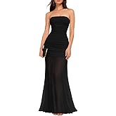 LAGSHIAN Women's Elegant Wedding Guest Maxi Dress Sleeveless Tube Ruched Mesh Evening Long Dresses