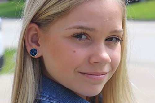 Silver-tone Blue Faux Druzy Stone Stud Earrings 12mm - Thumbnail 6