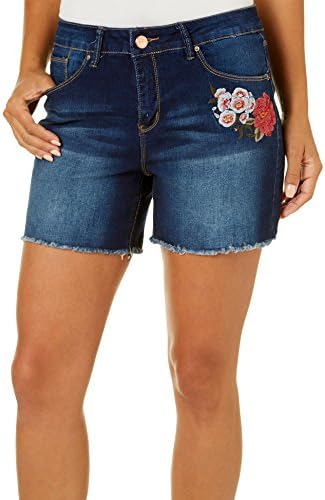Royalty by YMI Womens Embroidered Floral Faded Denim Shorts 12 Dark wash