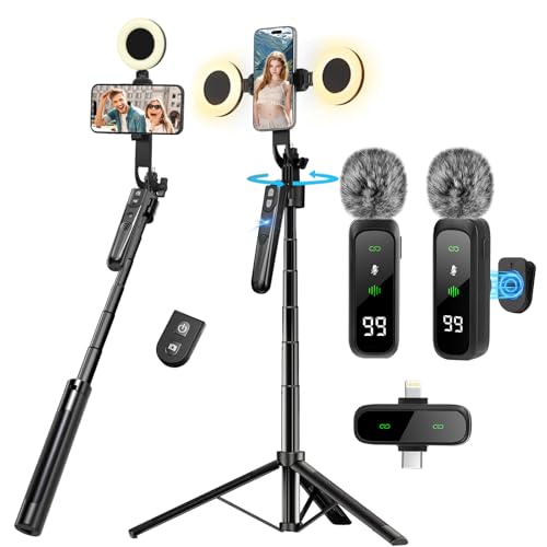 Juego de vlogging para iPhone/Android, 180 cm, trípode para teléfono móvil, con seguimiento automático de la cara, rotación de 360°, trípode para crear contenidos, set de iniciación con luz y